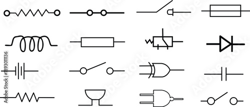 Electronic Circuit Symbols Set Isolated on Transparent Background – Resistor, Capacitor, Inductor, Diode, Switch, Logic Gate and Electrical Components Line Icons for Engineering Diagram 