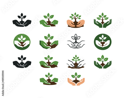 Reforestation Icon Set. Reforestation. Icon set. Set Logo of reforestation: hands planting a tree. harmonious logo variations of the same emblematic concept,