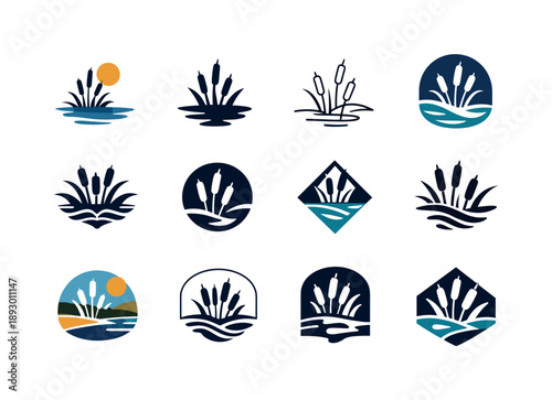 Lowland Icons Collection. Lowland. Icon set. Set Logo of Lowland: wetlands and reeds. harmonious logo variations of the same emblematic concept, each with