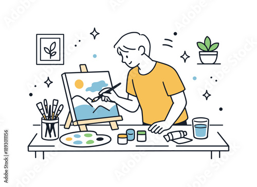Creative Home Painting. People painting at home. A person standing by a table, painting on canvas with brushes and paints neatly arranged. Calm focus and