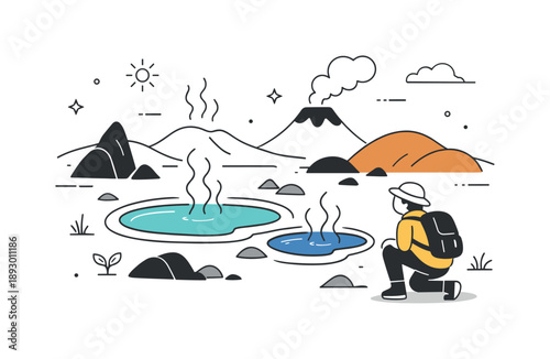 Volcanic Landscape Exploration. Rare ecosystems of Earth. A person carefully observes steaming geothermal pools in a volcanic landscape. Curiosity, respect for