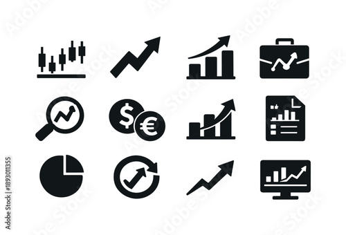 Investment Icon Set. Market investment tracking. Solid icon set of market investment tracking: stock graph, market arrow, financial bars, portfolio chart,