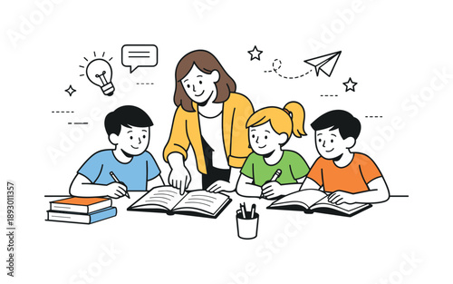 Collaborative Classroom Scene. Teacher and students collaboration. Teacher helping a small group of students with an assignment. Friendly guidance