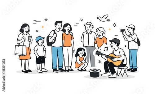 Street Artist Performance. Public performance crowd. A friendly editorial scene of people stopping during a walk to watch a street artist. The atmosphere feels