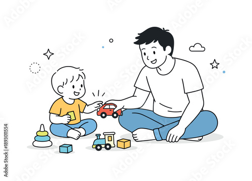 Father-Child Playtime. Father and child playtime. A father playing with a child using simple toys on the floor. Joyful interaction and shared attention in a