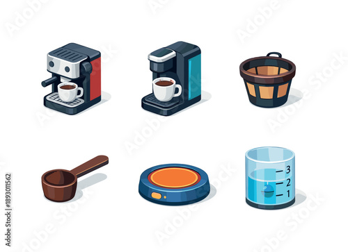 Isometric Coffee Icon Set. Home coffee. Isometric flat vector icons set of home coffee: compact coffee maker, single-serve machine, reusable coffee filter,