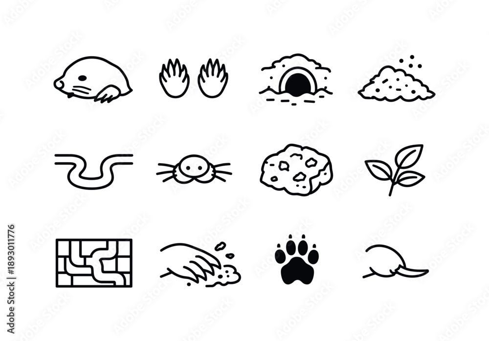Obraz premium Mole Icon Set. Mole. Line icon set of Mole: mole animal, tiny paws, burrow entrance, soil mound, tunnel path, nose whiskers, earth clod, leaf sprig,