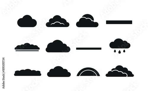Gray Sky Icon Set. Gray Sky Conditions. Solid icon set of Gray Sky Conditions: gray cloud, thick overcast, sun hidden cloud, uniform sky layer, low ceiling