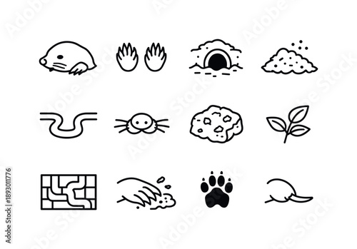 Mole Icon Set. Mole. Line icon set of Mole: mole animal, tiny paws, burrow entrance, soil mound, tunnel path, nose whiskers, earth clod, leaf sprig,