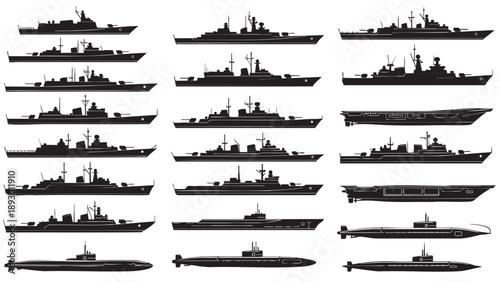 Collection of Different Military Ships and Submarines Illustration