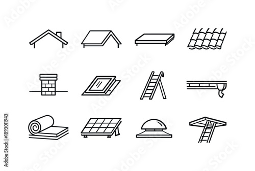 Roof Icon Set. Roof. Line icon set of Roof: house roof, gable roof, flat roof, roof tiles, chimney, skylight window, roof ladder, rain gutter, roof insulation,