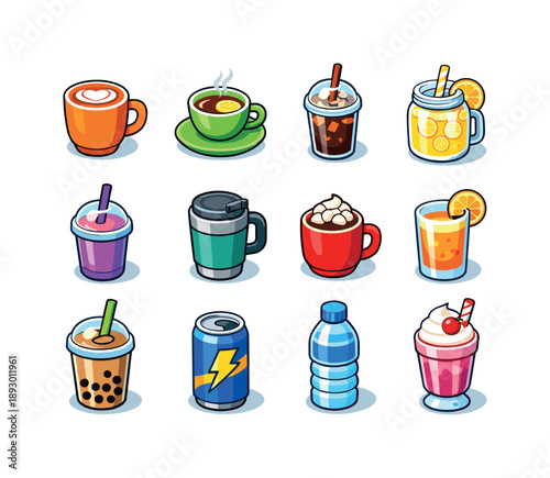 Vibrant Drink Icons. Handheld drinks. Colorful isometric vector icons set of handheld drinks: latte mug, tea cup, iced coffee, lemonade jar, smoothie cup,