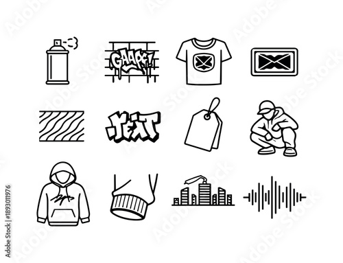 Streetwear Icon Grid. Streetwear Elements. Line icon set of Streetwear Elements: graffiti spray can, city wall tag, bold logo print, brand patch, fabric