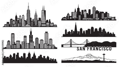 Collection of skyline silhouettes featuring famous cities and landmarks