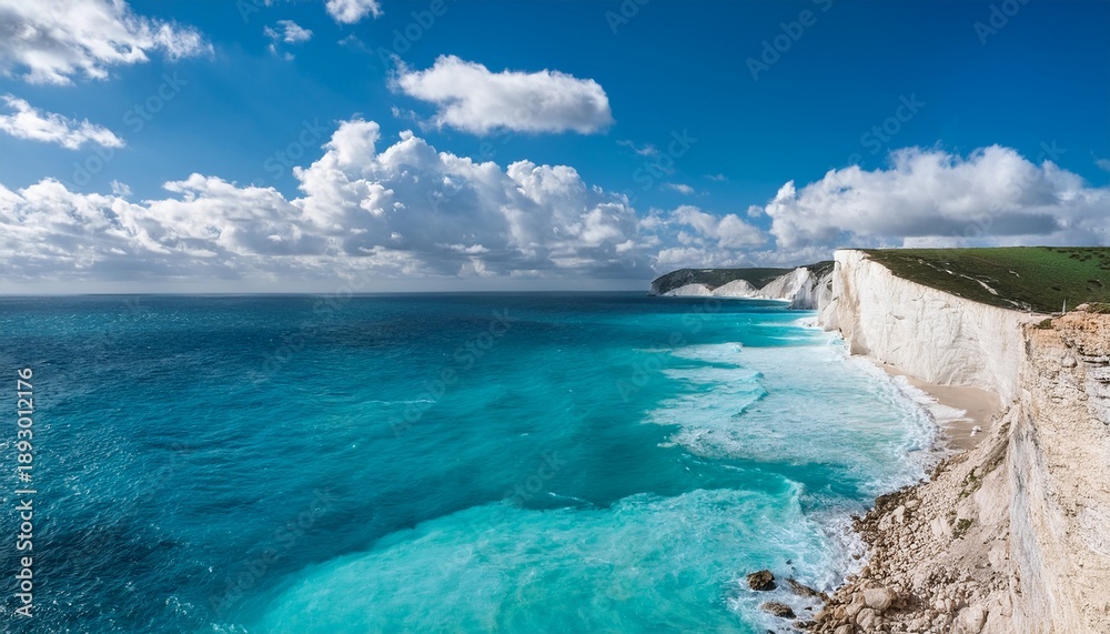 Fototapeta premium White Cliffs Meet Turquoise Waters Under A Blue Sky With Fluffy Clouds