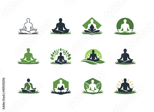 Yoga Pose Logos. Yoga in the park. Icon set. Set Logo of Yoga in the park: person in lotus pose on grass. harmonious logo variations of the same emblematic