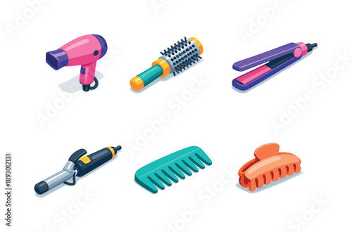 Hair Beauty Essentials. Hair Beauty Tools. Isometric flat vector icons set of Hair Beauty Tools: hair dryer, round hair brush, flat iron, curling iron, wide