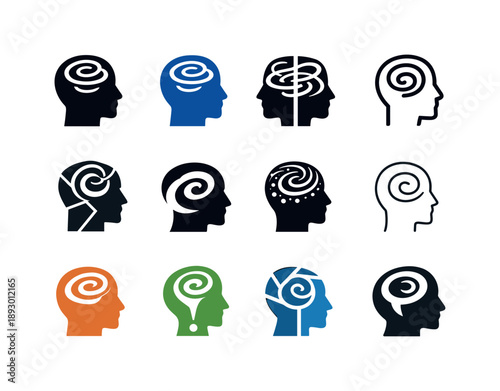 Work Anxiety Icons. Work performance anxiety. Icon set. Set Logo of work performance anxiety: head with swirling thoughts. harmonious logo variations of the