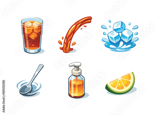 Iced Tea Icon Set. Iced tea mixing. Isometric flat vector icons set of iced tea mixing: tall glass cup, tea liquid pour stream, ice cubes splash, spoon stir