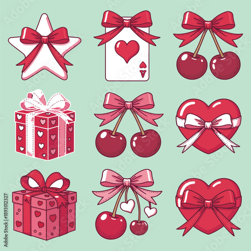 Set of gift boxes and bows with ribbons for holidays and celebrations