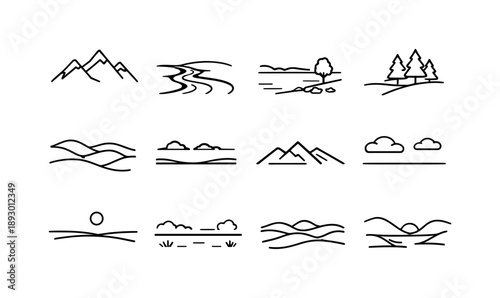 Tranquil Landscapes Icons. Tranquil outdoor landscape. Line icon set of Tranquil outdoor landscape: mountain range, flowing river, quiet lake shore, forest