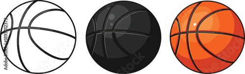 Basketball icon set in white black orange styles, outline solid shaded versions, sports equipment graphic, vector illustration design