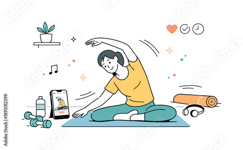 Interactive Home Workout. Interactive fitness apps ? home training. Person following guided exercises on a mobile app at home, calm and balanced routine.