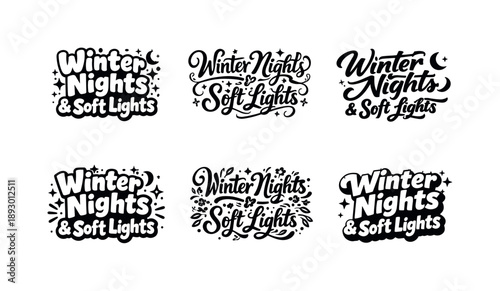 Lettering Variations Showcase. Winter Nights & Soft Lights. Set lettering. harmonious lettering variations of the same emblematic concept, each with different