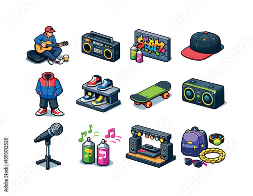 Colorful Street Icons. Street music and fashion. Colorful isometric vector icons set of Street music and fashion: street performer, boombox, graffiti wall,