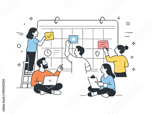 Collaborative Event Planning. Event scheduling teamwork. A calm scene showing multiple people collaboratively planning events on a large calendar, symbolizing