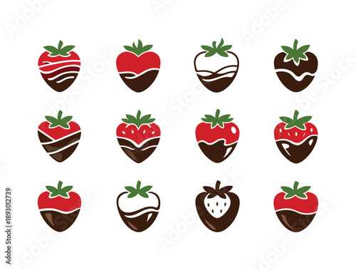 Chocolate Strawberry Icons. Chocolate-dipped strawberries. Icon set. Set Logo of Chocolate-dipped strawberries: strawberry with chocolate drizzle lines.