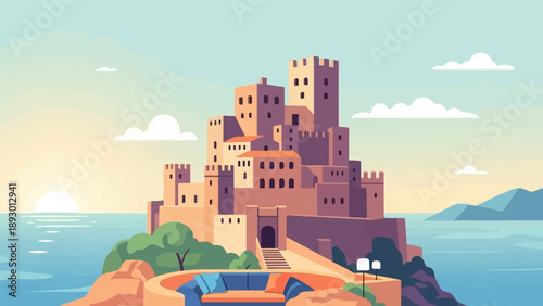 A fortified ancient castle perches on a cliff overlooking the sea at sunset