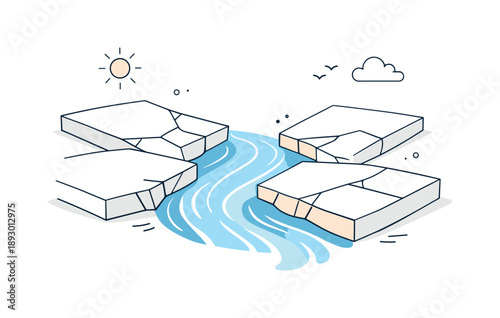 Ice Thaw Harmony. Cracking ice with flowing water scene. Clean abstract depiction of ice plates separating as water moves between them, peaceful seasonal thaw