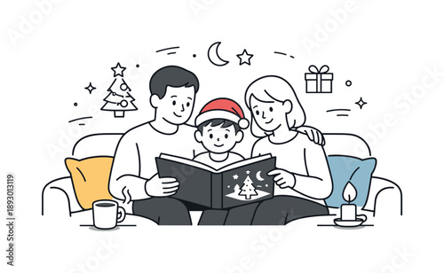Cozy Christmas Storytime. Parents reading Christmas story. Parents sitting with a child on a sofa reading a storybook, calm voices and cozy holiday atmosphere.
