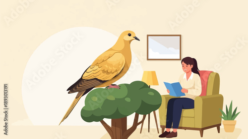 A gentle bird perches on a tree branch while a woman reads a book in a cozy armchair