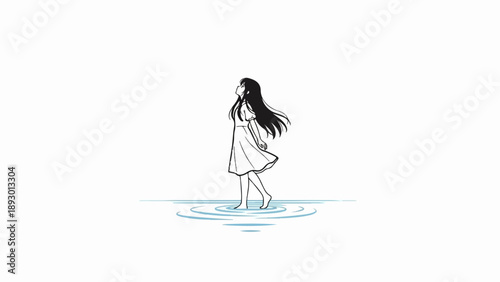 A girl in a simple dress stands in water, looking up
