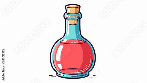 A glass bottle with a cork stopper contains a red liquid