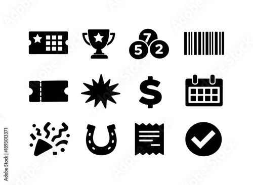 Jackpot Icon Grid. Jackpot Entry. Solid icon set of Jackpot Entry: lottery ticket, jackpot trophy, numbered balls, barcode, ticket stub, star burst, dollar