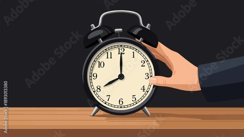 A hand presses the snooze button on a classic black alarm clock