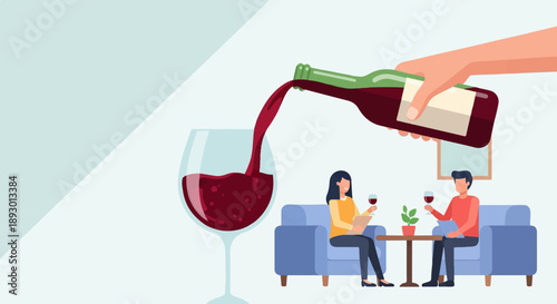 A hand pours red wine into a large glass, as a couple relaxes on a sofa