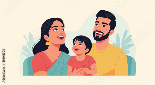 A happy family with a child sits together, smiling and looking up