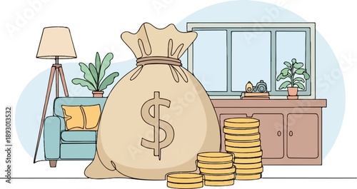 A large money bag with a dollar sign sits next to stacked coins in a cozy room