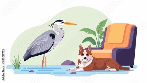 A heron stands in shallow water beside a reclining dog, near an armchair