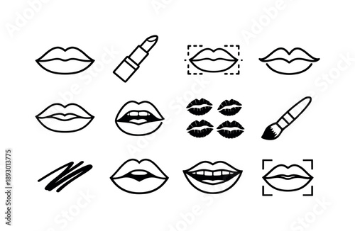Fashion Lip Icons. Makeup Statement Lips. Line icon set of Makeup Statement Lips: bold lips front, lipstick diagonal, lip contour guide, exaggerated cupid bow,