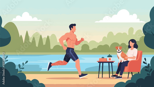 A man runs beside a lake while a woman relaxes with her dog