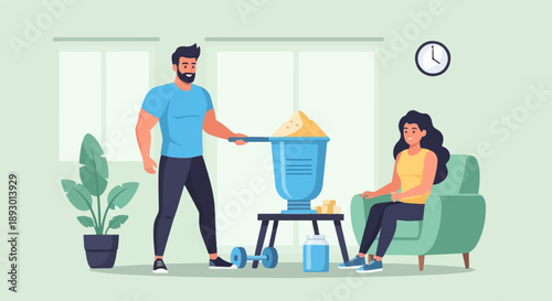 A man serves protein powder to a woman in a living room