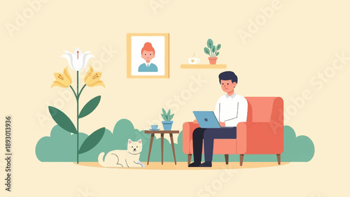 A man sits in a chair with a laptop and a cat rests nearby