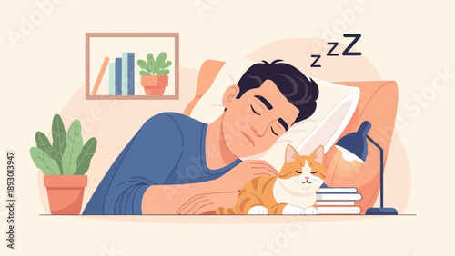 A man sleeping peacefully in bed with his cat by his side