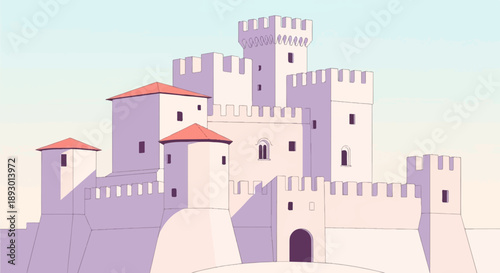 A majestic fortress stands tall against a pale sky, its crenellated towers bathed in soft light