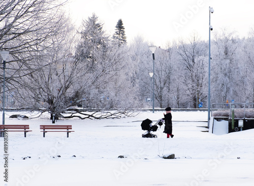 A woman with a stroller walks in a city park in winter.	